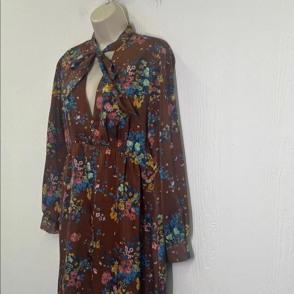 Zara - Colorful Floral Neck Tie Long Sleeve Deep V Neck Midi Dress Size Large - Picture 6 of 12